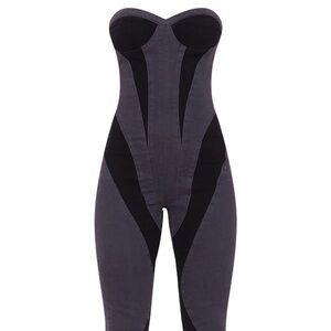 BLACK CONTRAST PANEL DETAIL DENIM JUMPSUIT